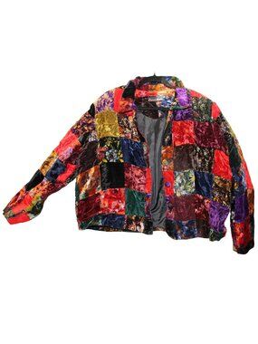 Cactus Flower Vintage Velvet Patchwork Quilt Jacket Cropped Button Front 2X